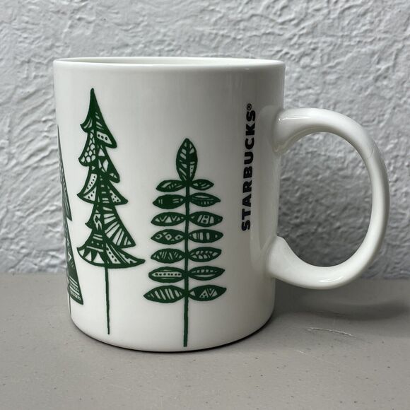 Starbucks Mug White Green Trees Holiday Christmas Coffee Tea‎ Cup - Picture 1 of 6